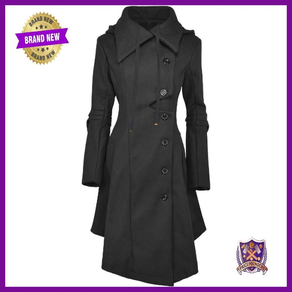 Wool Blend Long Trench Pea Coat with Hood - Victorian Goth Style Winter Coat
